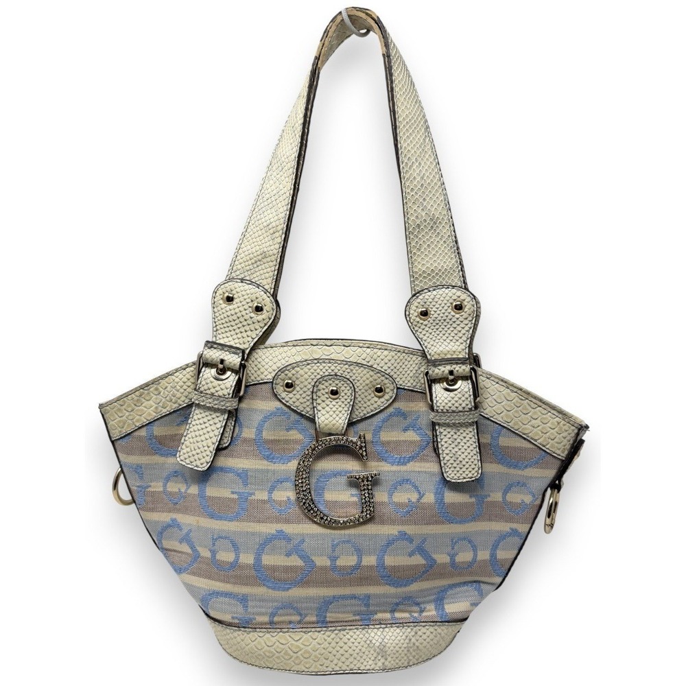 Vintage Y2K Guess Shoulder Bag Purse Blue White Monogram G Leather Snake Trim